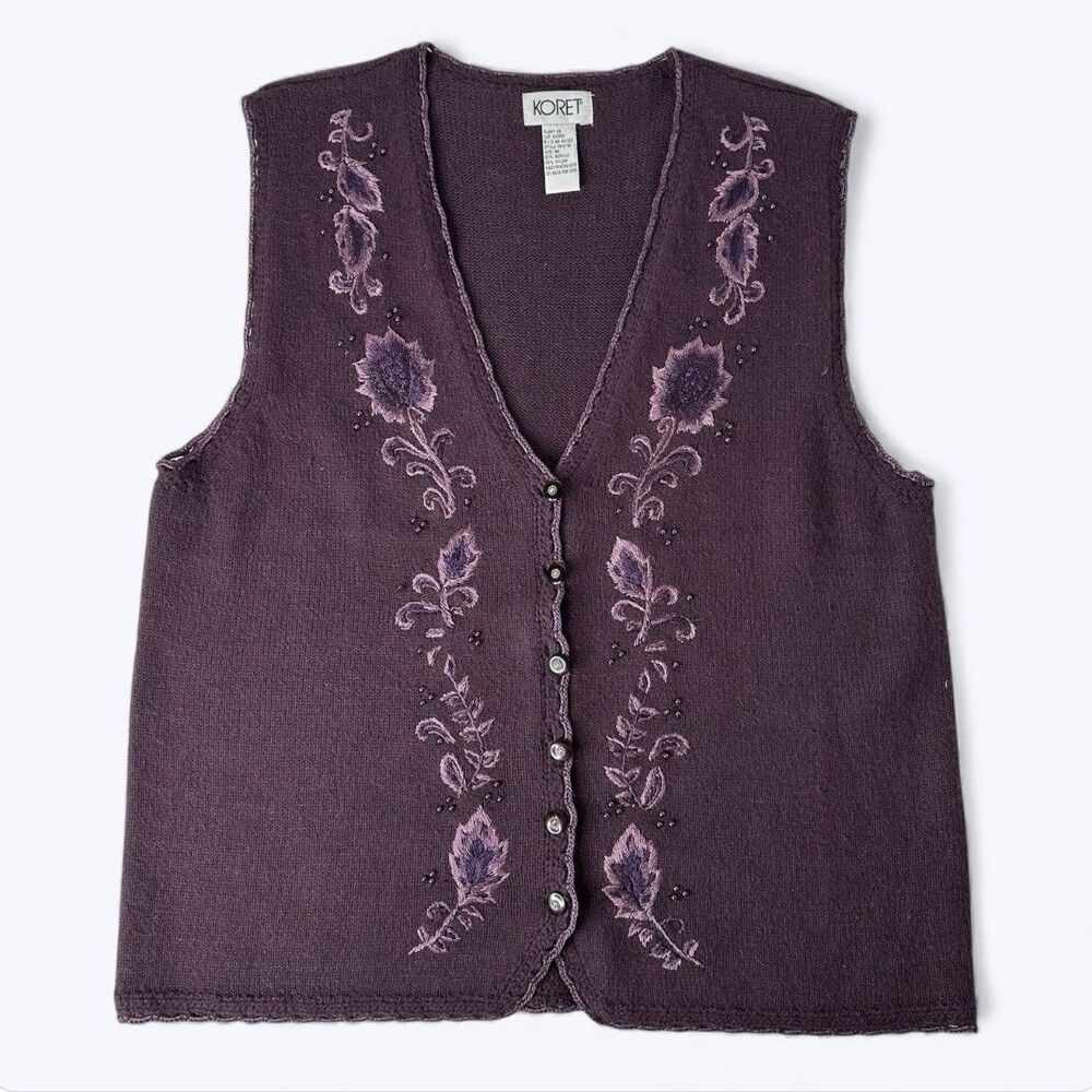 Koret Embroidered Sweater Vest Sz M Purple Dark Academia‎ Preppy Professor Vtg